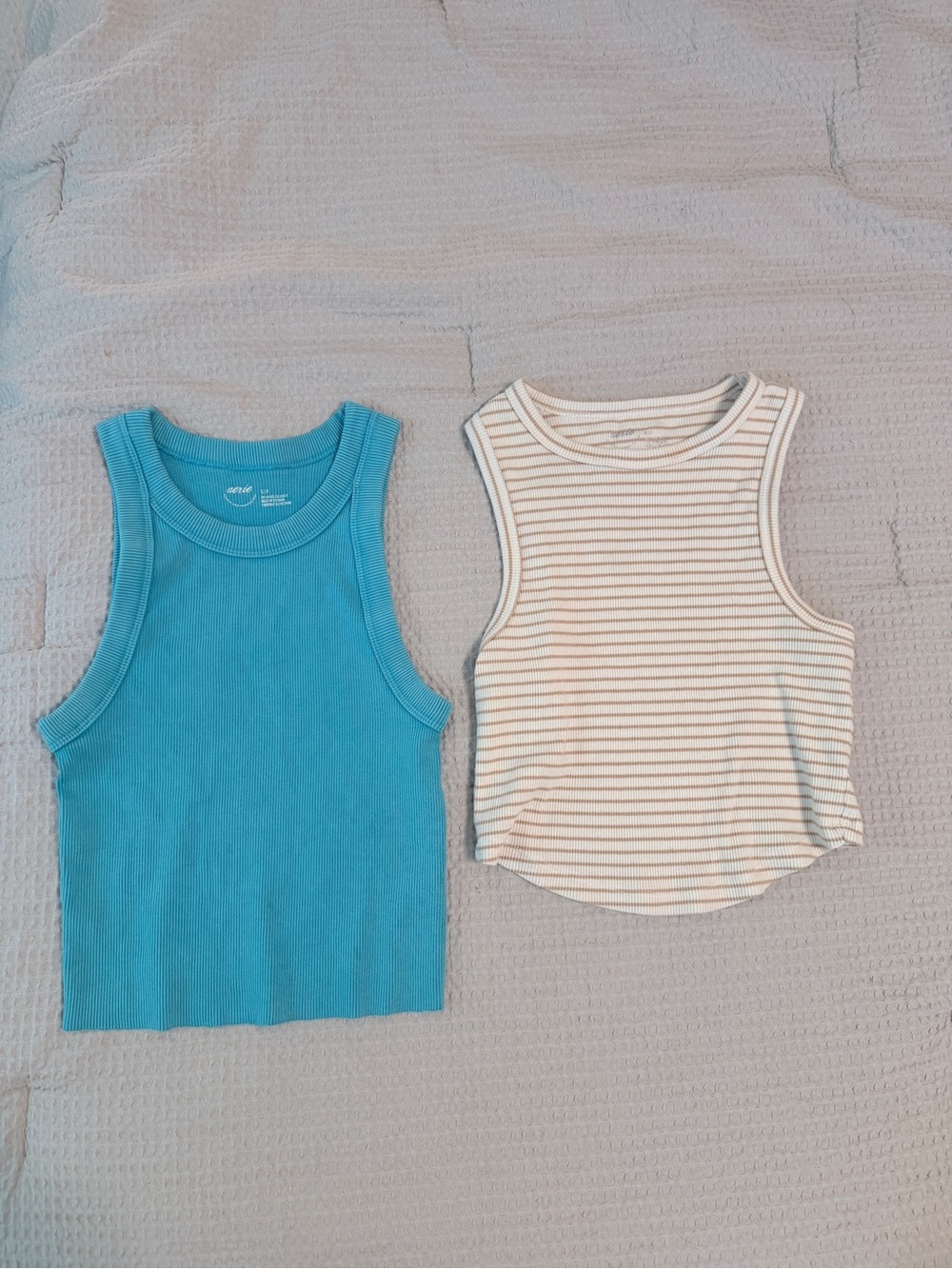 Aerie Ribbed Tank Top & Striped Cropped Tank - Turquoise & Cream